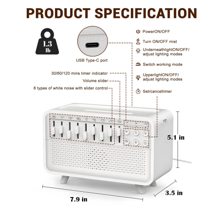 Umidificator Aromaterapie 3 in 1 Adymel® White Noise, Difuzor Arome cu Efect Flacara, Lampa de Veghe 3 Trepte, 8 Sunete Ambientale, LED, Timer, conectare usb, Alb [4]