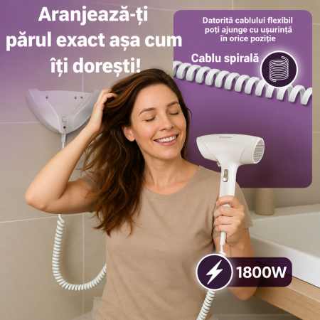 AM256 - Uscator de Par ProfiCare® 1800W cu suport de prins in Perete, Cablu Spiral Extra Lung, 2 Trepte, Aer Rece si Protectie Supraincalzire, pentru baie, hol, camera, alb [2]