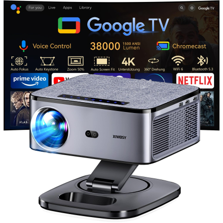Videoproiectoare - Proiector Smart XIWBSY 4K Google TV 2025, 1500 ANSI, Full HD 1080P, WiFi 6, Bluetooth 5.3, HDR10, Autofocus AI, Proiectie Tavan