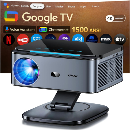Videoproiectoare - Proiector Smart XIWBSY 4K Google TV 2025, 1500 ANSI, Full HD 1080P, WiFi 6, Bluetooth 5.3, HDR10, Autofocus AI, Proiectie Tavan, Negru-Gri