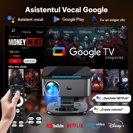 Proiector Smart XIWBSY 4K Google TV 2025, 1500 ANSI, Full HD 1080P, WiFi 6, Bluetooth 5.3, HDR10, Autofocus AI, Proiectie Tavan, Negru-Gri [1]