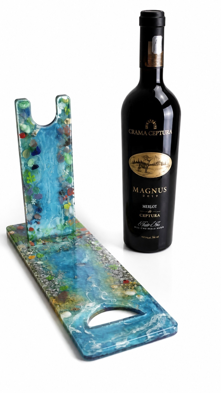 Suport artizanal pentru sticlă de vin „Cascada Albastră” – realizat manual din rășină premium [3]