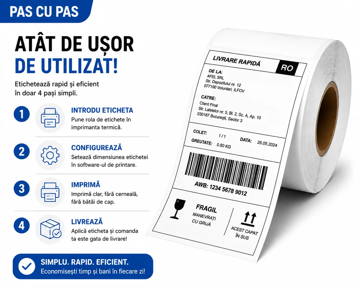 Cei patru pași de folosire a etichetelor termice: introdu rola, configurează formatul, imprimă și livrează