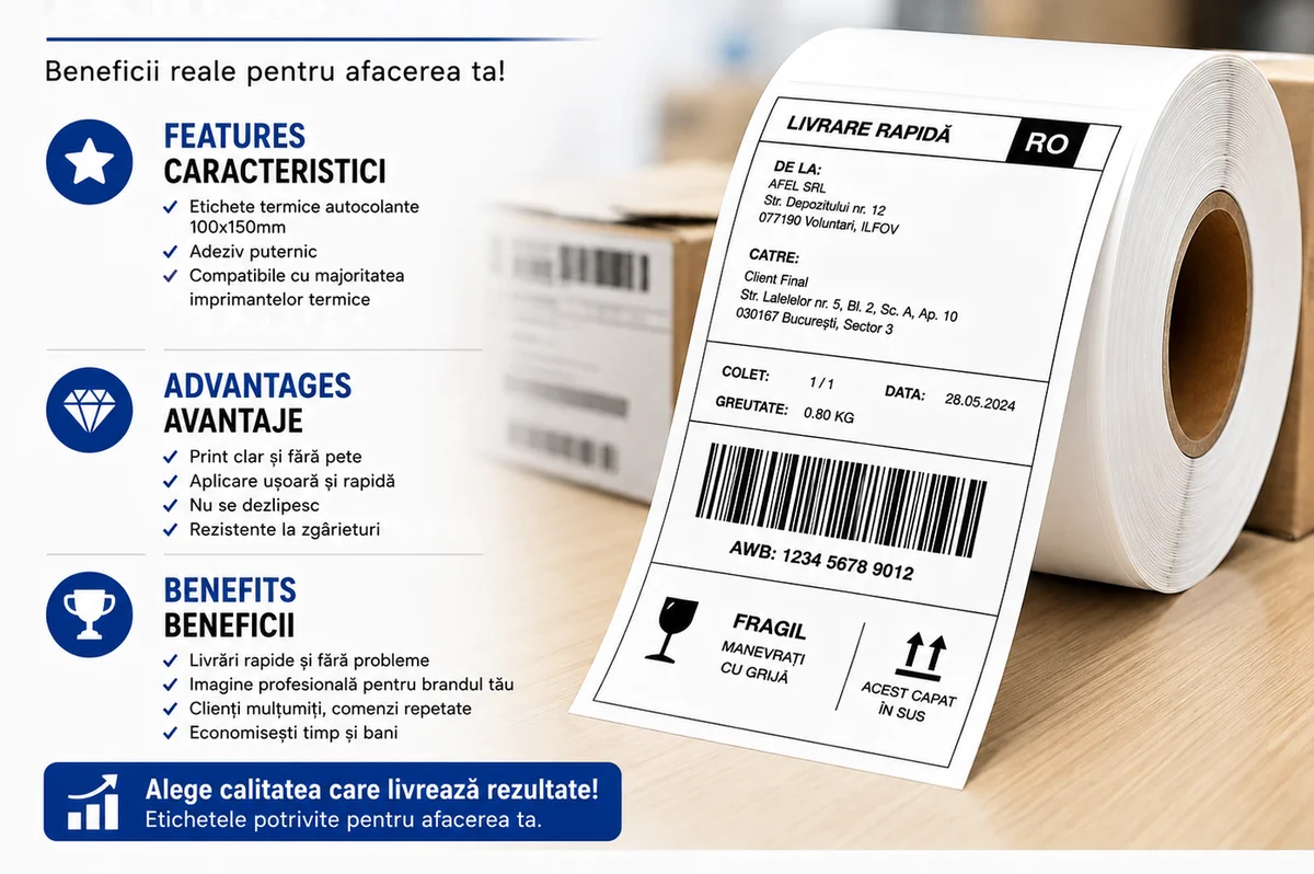 Rezumat: caracteristicile, avantajele și beneficiile etichetelor termice AWB 100x150 mm