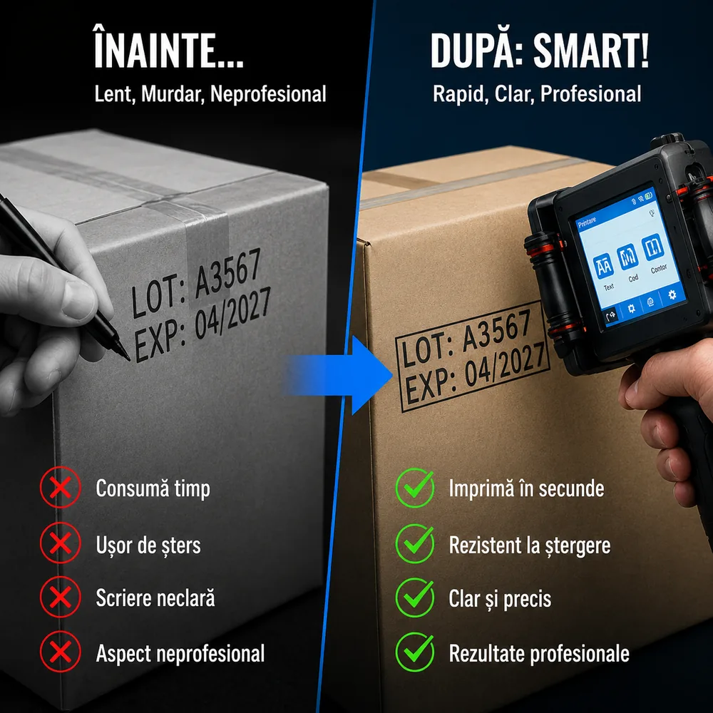 Comparație între o cutie marcată de mână cu markerul și una imprimată cu imprimanta inkjet portabilă