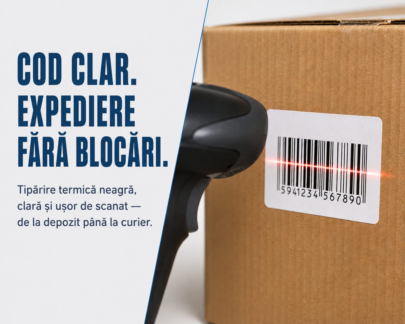 Scaner care citește codul de bare de pe o etichetă lipită pe o cutie