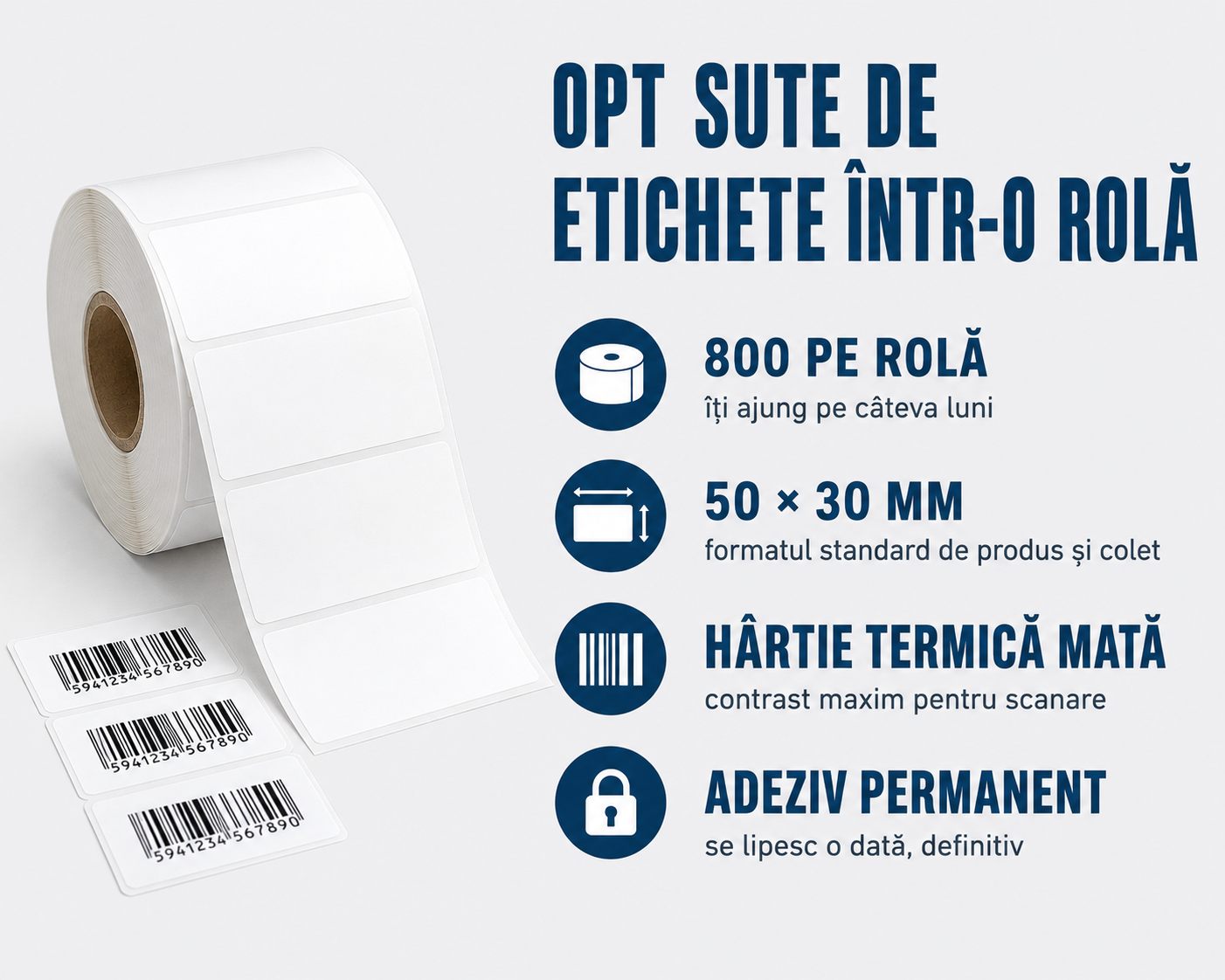 800 pe rolă, 50 pe 30 mm, hârtie termică mată, adeziv permanent