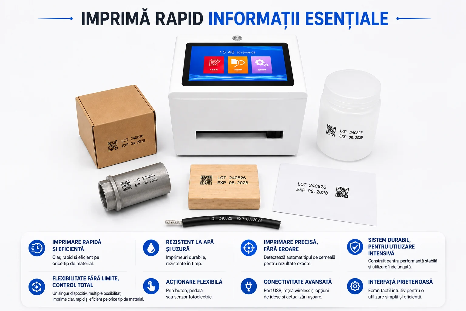 Imprimantă inkjet fixă care marchează pe carton, plastic, metal, sticlă, lemn și textile