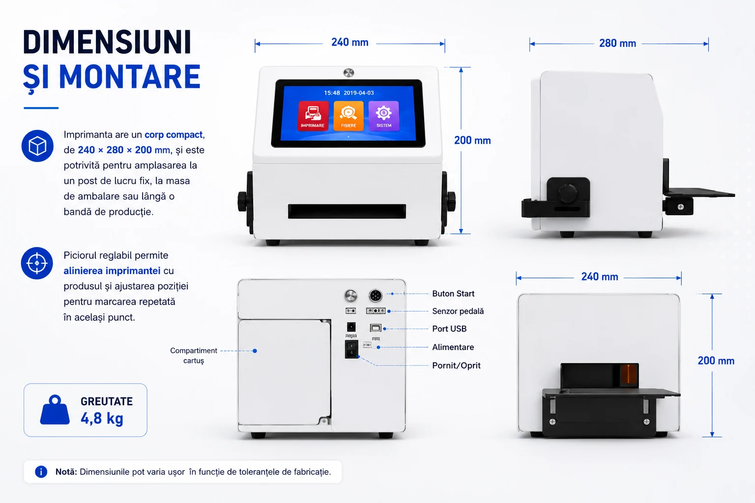 Dimensiunile imprimantei inkjet fixe pentru marcare și codare