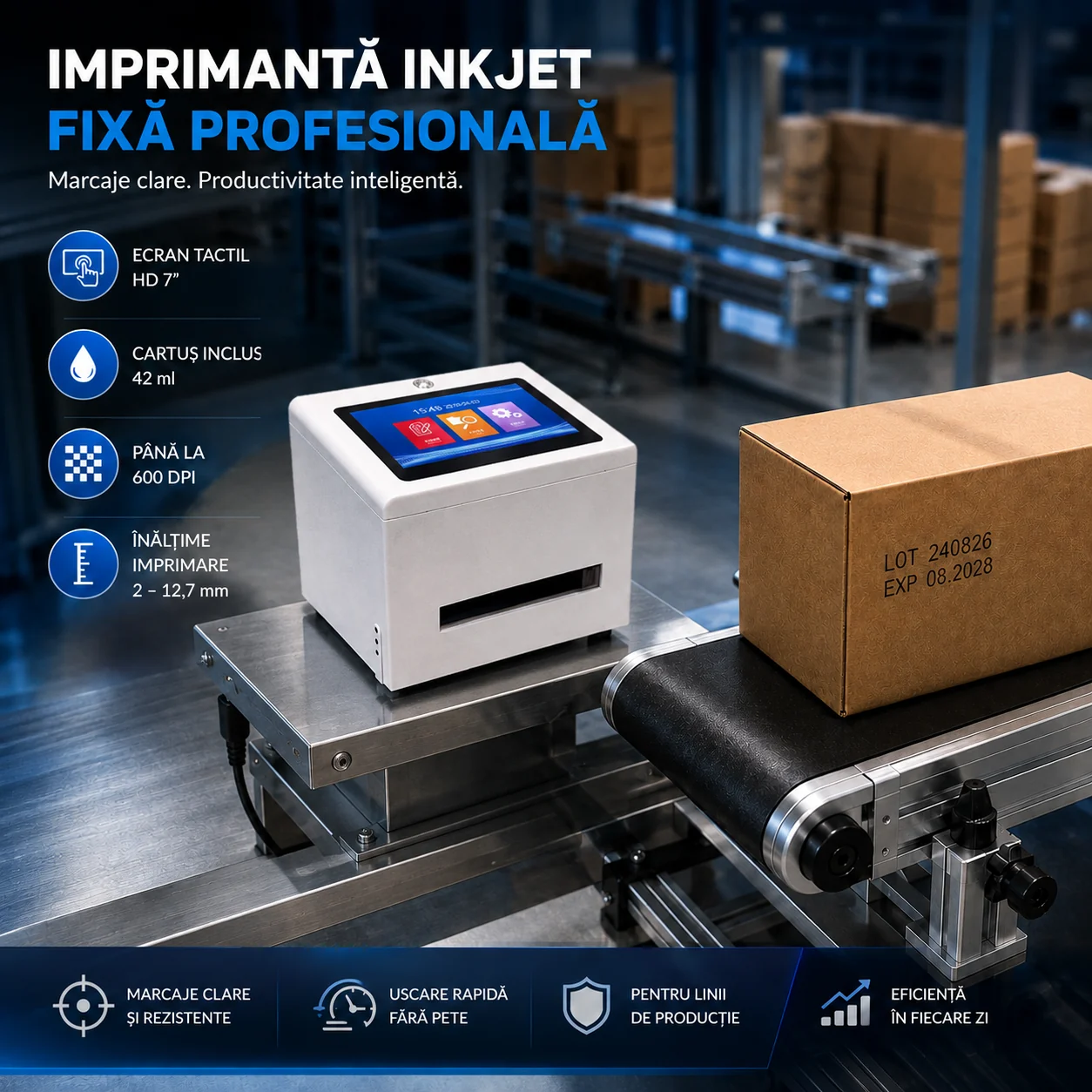 Imprimantă inkjet fixă profesională cu ecran tactil HD de 7 inch