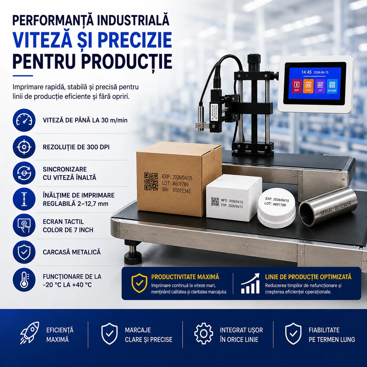 Imprimantă inkjet industrială cu 300 DPI și viteză de 30 m/min