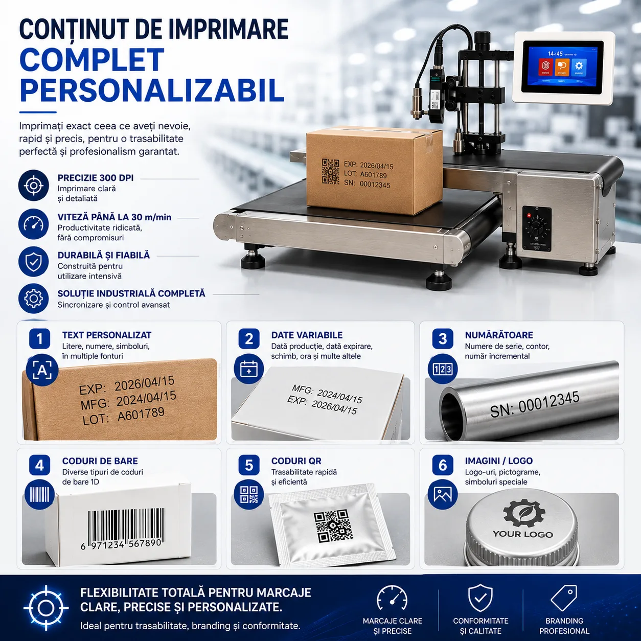 Imprimantă inkjet industrială pentru date, loturi, coduri și logo-uri