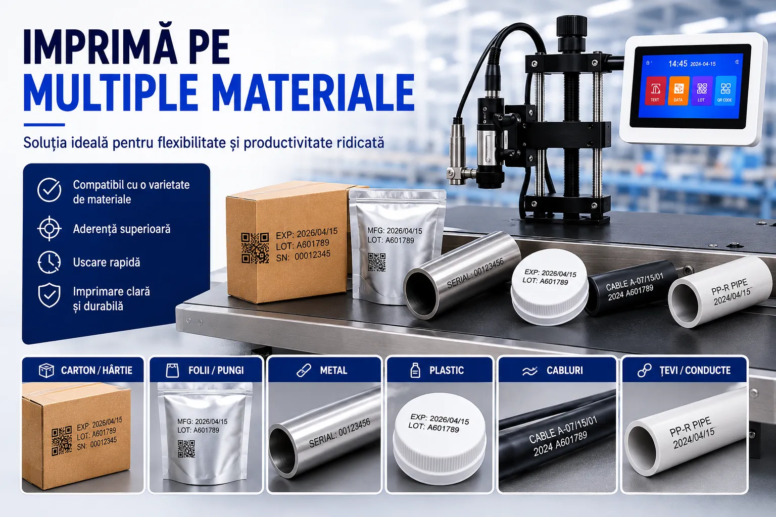 Imprimantă inkjet industrială pentru carton, plastic, metal și alte materiale