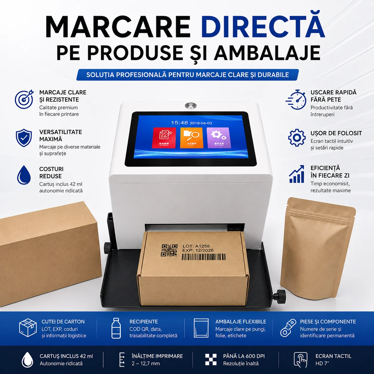 Imprimantă inkjet fixă care marchează direct pe cutii de carton, pungi și ambalaje flexibile