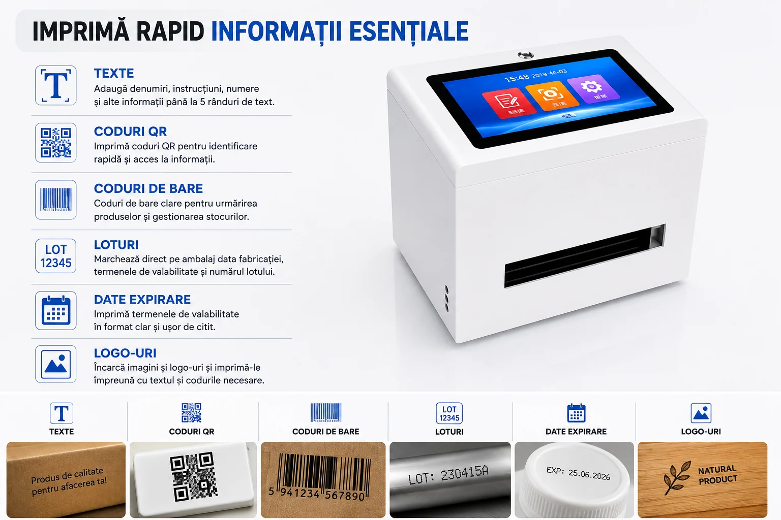 Imprimantă inkjet pentru imprimarea datelor, loturilor și codurilor