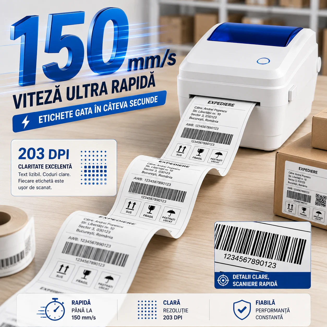 Imagine care prezintă imprimanta în timpul imprimării și evidențiază viteza și rezoluția produsului. Imprimantă termică de etichete cu rezoluție 203 DPI și viteză de 150 mm/s