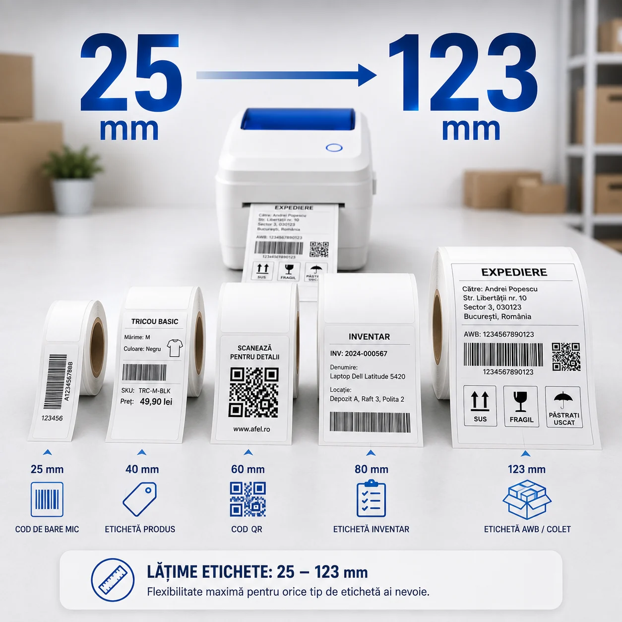 Imagine care prezintă imprimanta împreună cu etichete de mai multe dimensiuni. Imprimantă termică pentru etichete cu lățimea de 25 până la 123 mm