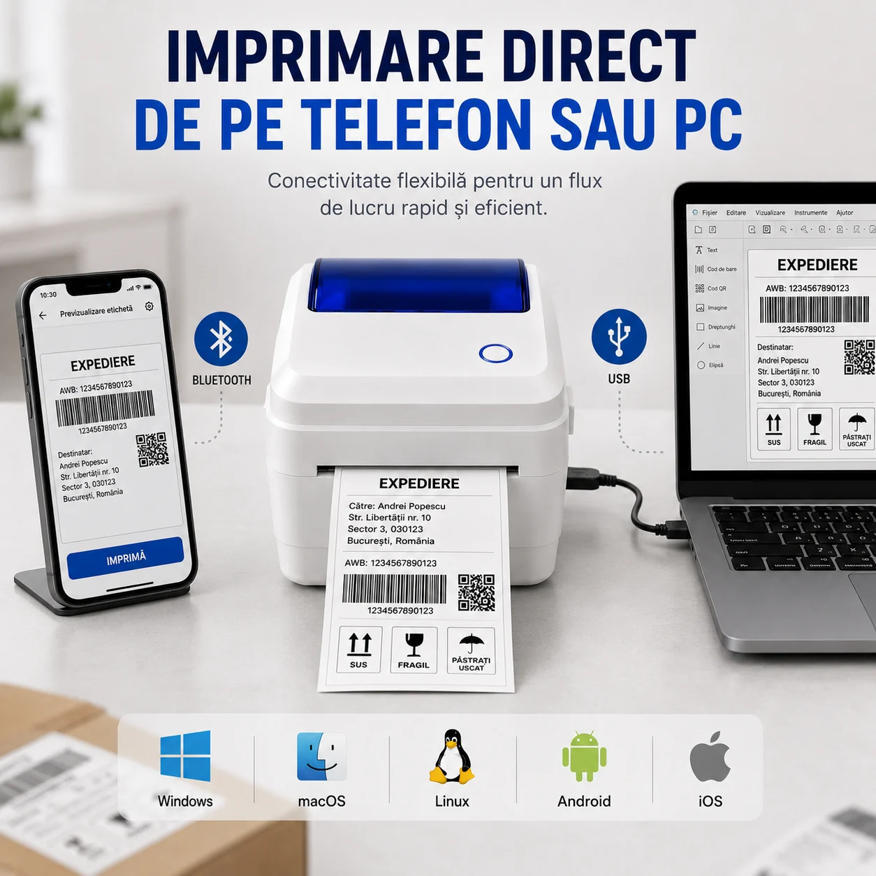 Imagine care prezintă imprimarea direct de pe telefon sau computer. Imprimantă termică de etichete conectată prin Bluetooth și USB