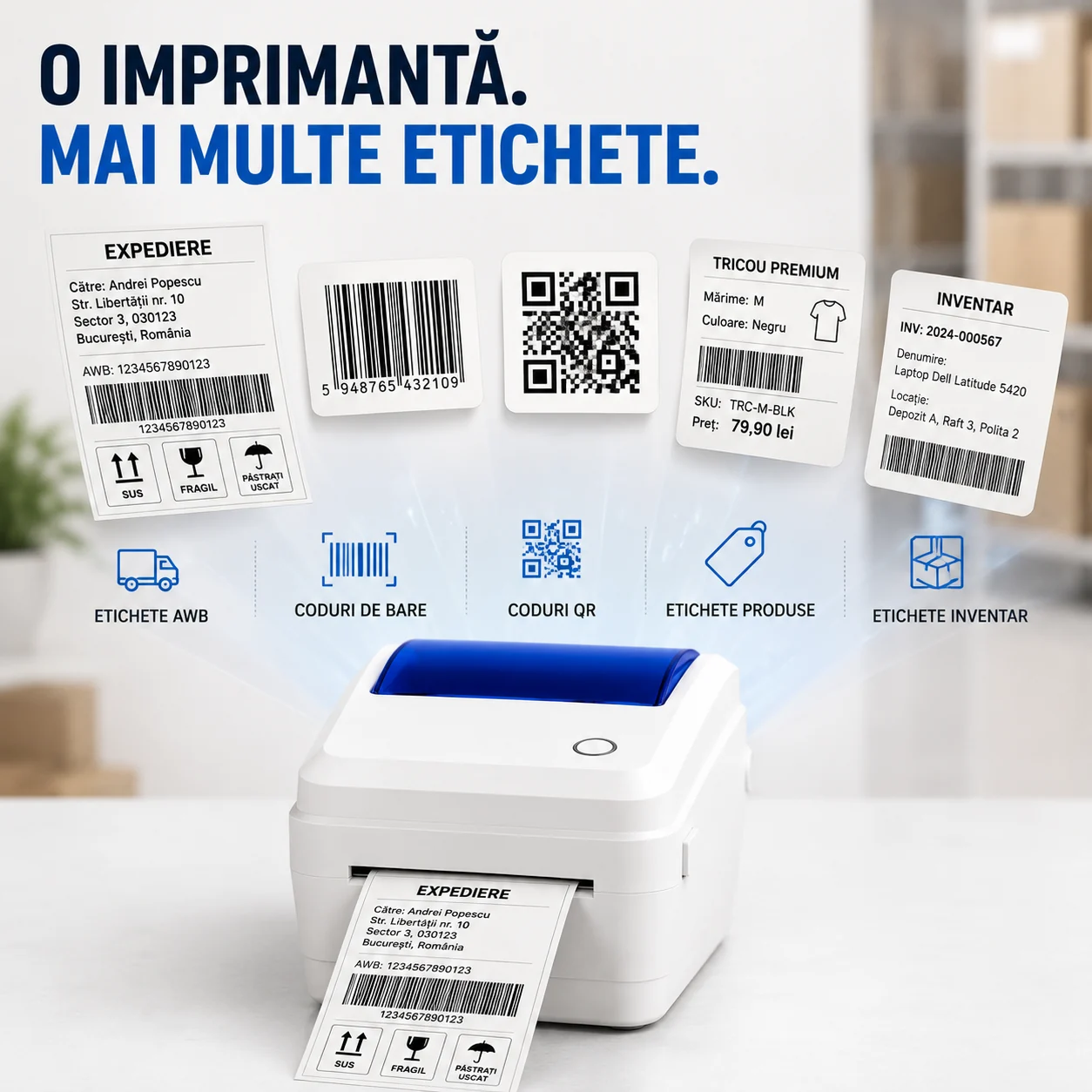 Imprimantă termică de etichete cu coduri de bare și coduri QR