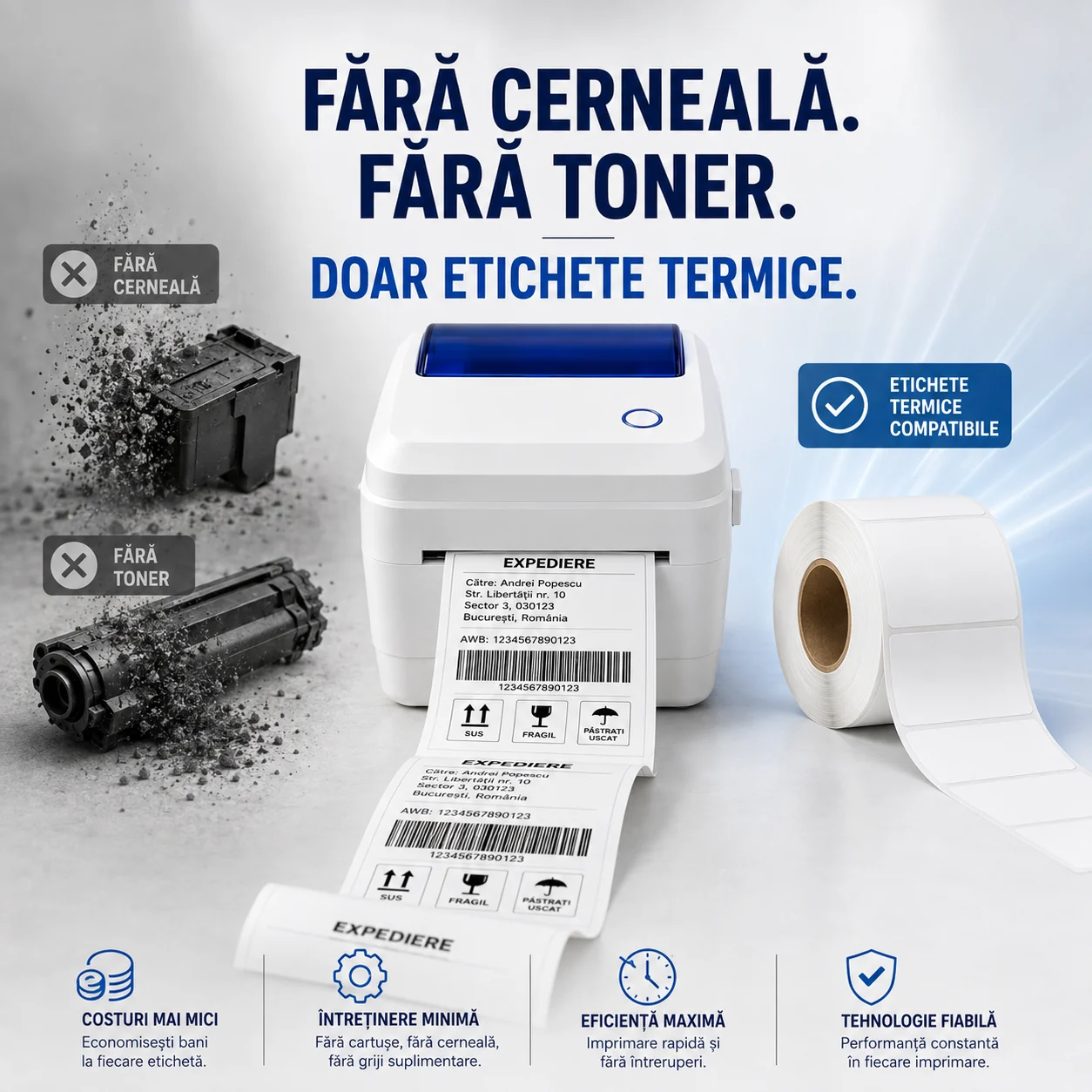 Imagine care prezintă tehnologia termică directă și utilizarea rolelor de etichete termice. Imprimantă termică de etichete fără cartușe de cerneală și toner