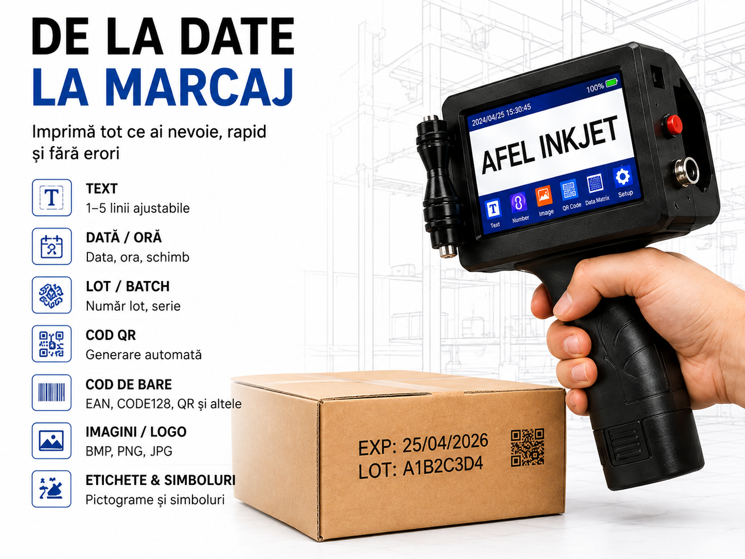 De la date la marcaj — text, dată, lot, serie, cod de bare, QR, logo.