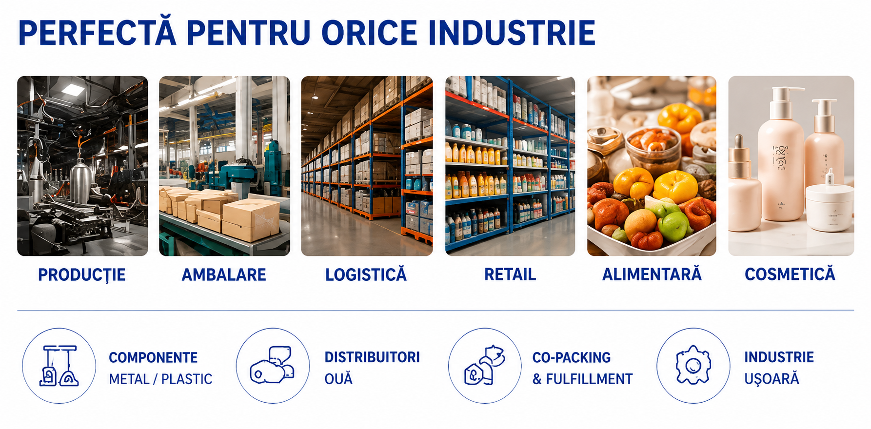 Perfectă pentru orice industrie: producție, ambalare, logistică, retail, alimentară, cosmetică.