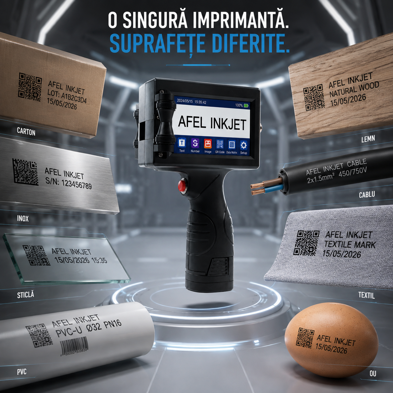 O singură imprimantă, suprafețe diferite: carton, lemn, inox, cablu, sticlă, textil, PVC, ou.