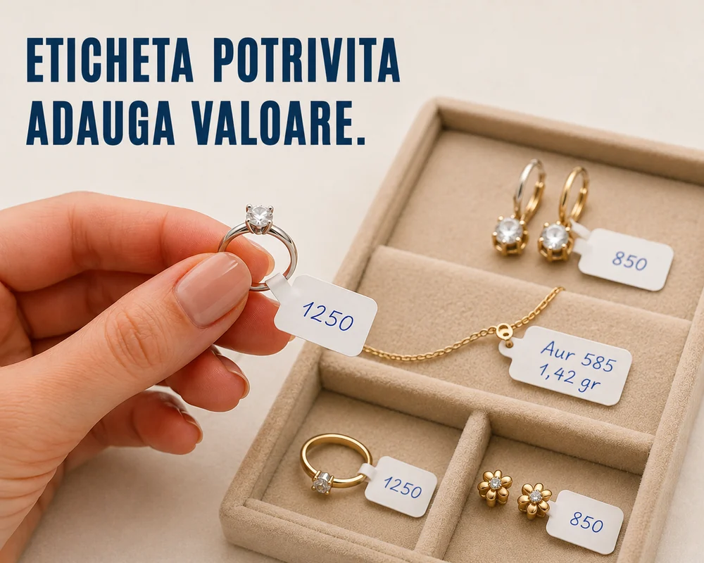 Eticheta pusă pe un inel, lângă o casetă cu bijuterii etichetate