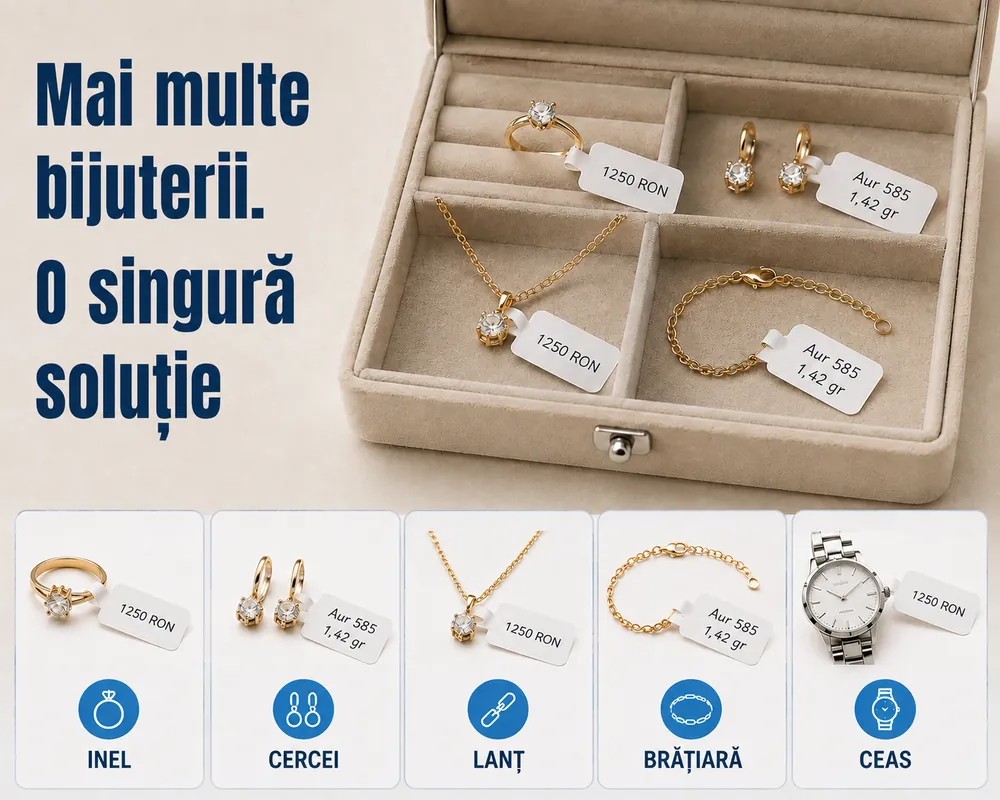 Aceeași etichetă pe inel, cercei, lanț, brățară și ceas