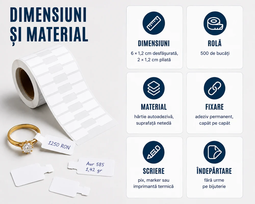 Dimensiunile etichetei, conținutul rolei și materialul