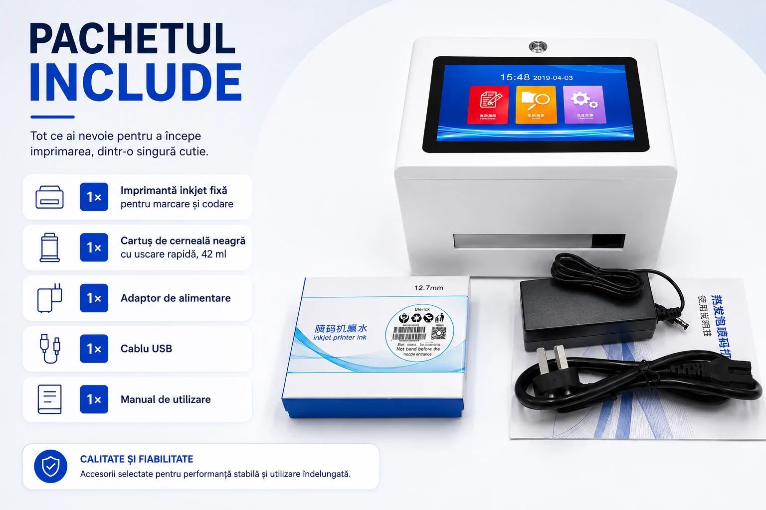 Conținutul pachetului: imprimantă, cartuș de 42 ml, adaptor, cablu USB și manual