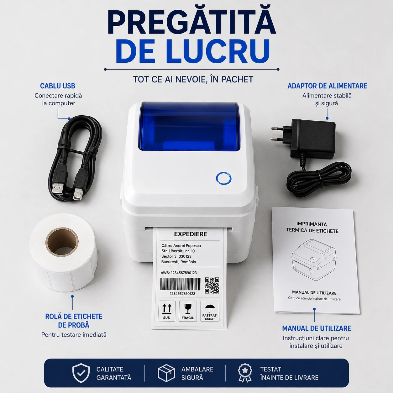 Imagine care prezintă imprimanta, cablul USB, adaptorul de alimentare, rola de etichete de probă și manualul de utilizare. Pachet imprimantă termică de etichete cu cablu USB, adaptor și rolă de probă