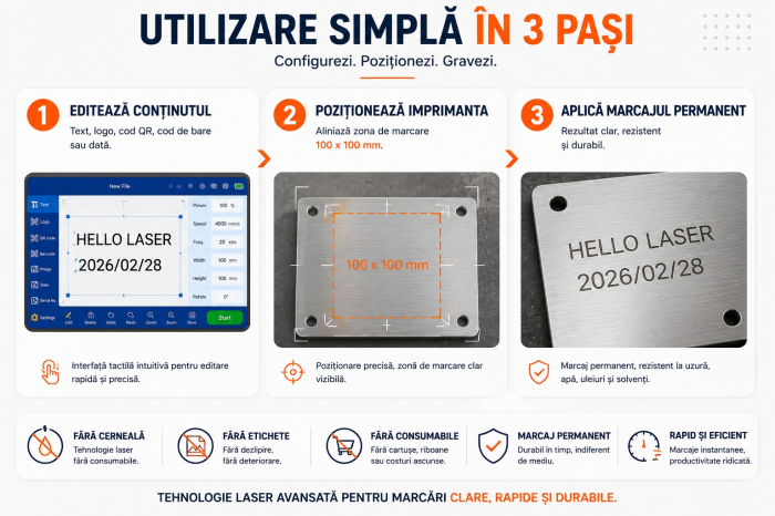 Imprimantă Laser Industrială Portabilă 10W, Ecran Tactil 5 Inch, Marcare Metal și Plastic, Coduri QR, Coduri de Bare, Serii, Logo-uri și Date de Fabricație, Suprafață 100x100 mm [5]