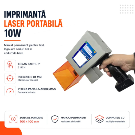 Imprimante laser - Imprimantă Laser Industrială Portabilă 10W, Ecran Tactil 5 Inch, Marcare Metal și Plastic, Coduri QR, Coduri de Bare, Serii, Logo-uri și Date de Fabricație, Suprafață 100x100 mm