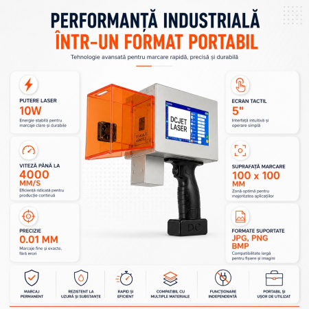 Imprimantă Laser Industrială Portabilă 10W, Ecran Tactil 5 Inch, Marcare Metal și Plastic, Coduri QR, Coduri de Bare, Serii, Logo-uri și Date de Fabricație, Suprafață 100x100 mm [2]