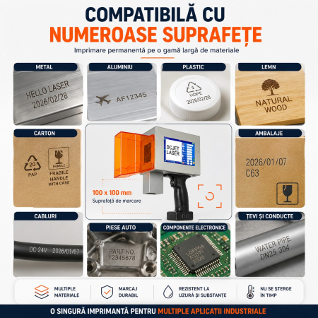 Imprimantă Laser Industrială Portabilă 10W, Ecran Tactil 5 Inch, Marcare Metal și Plastic, Coduri QR, Coduri de Bare, Serii, Logo-uri și Date de Fabricație, Suprafață 100x100 mm [1]