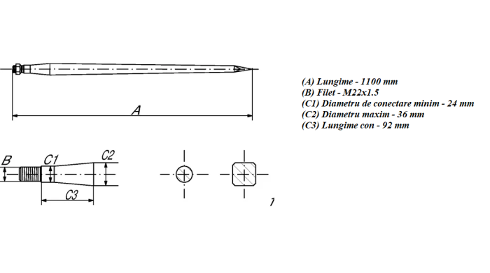 Dinte incarcator frontal 36x1100mm, piulita M22x1,5mm, negru [2]