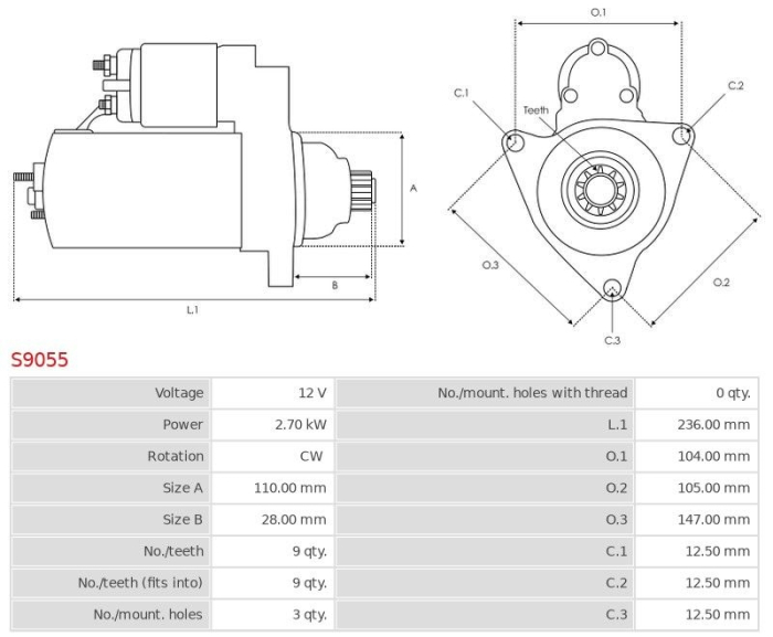 Electromotor 12V 2.7kW, sens dreapta, potrivit pentru Fiat, New Holland [2]