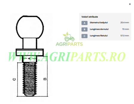Bolt de cuplare cu bila 25.4 mm, filet 1 inch UNF , sarcina max 2000 kg [1]