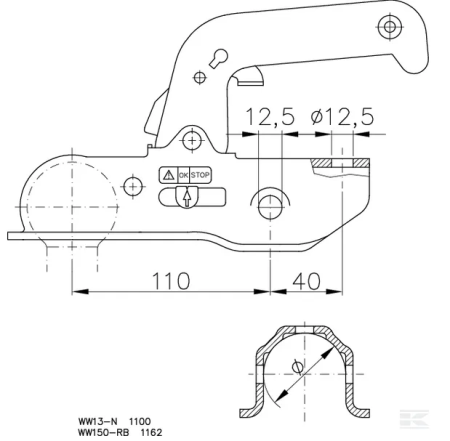 Cuplaj cu bila remorca WW 13-N, sarcina max. 1500kg, ax 45/46 mm [1]
