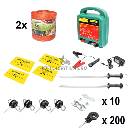 Zootehnie - Kit complet gard electric 12/220V, 6.5 Joule lungime fir 2000m, 200 izolatori si[...]