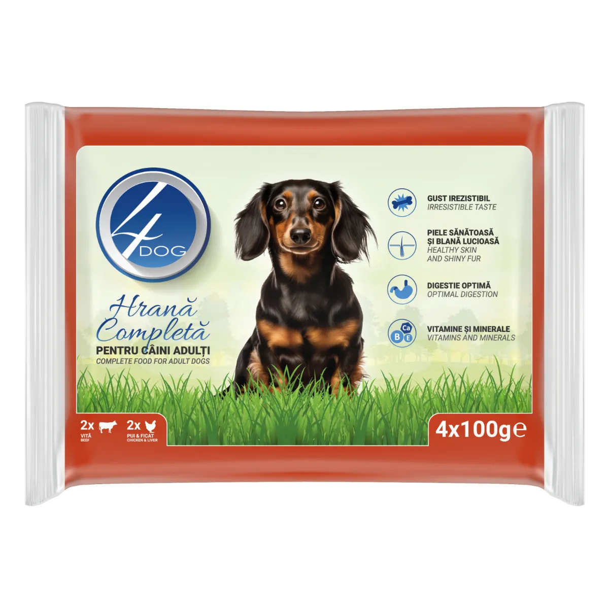 Hrana umeda - Hrana umeda caini adulti 4DOG mixt pui si ficat, vita 4x100g