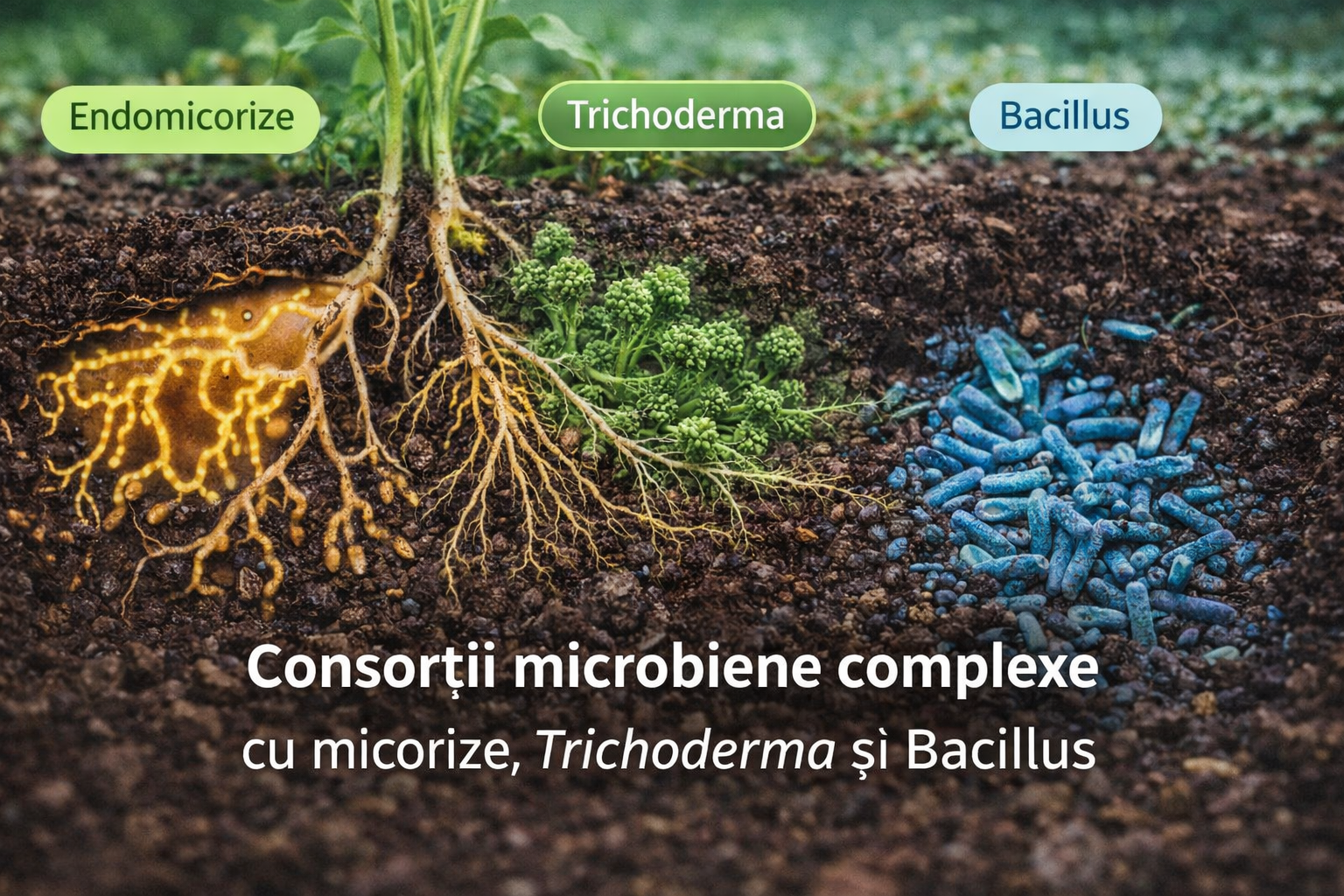 Consorții microbiene complexe cu micorize, Trichoderma și Bacillus – rol, dozare și utilizare în sol și rizosferă