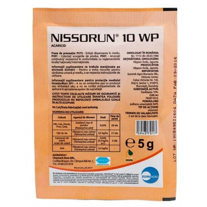Insecticid acaricid NISSORUN 10 WP - 5 g, Sumi Agro, Sistemic, Rosii, Ardei, Vita de vie [1]