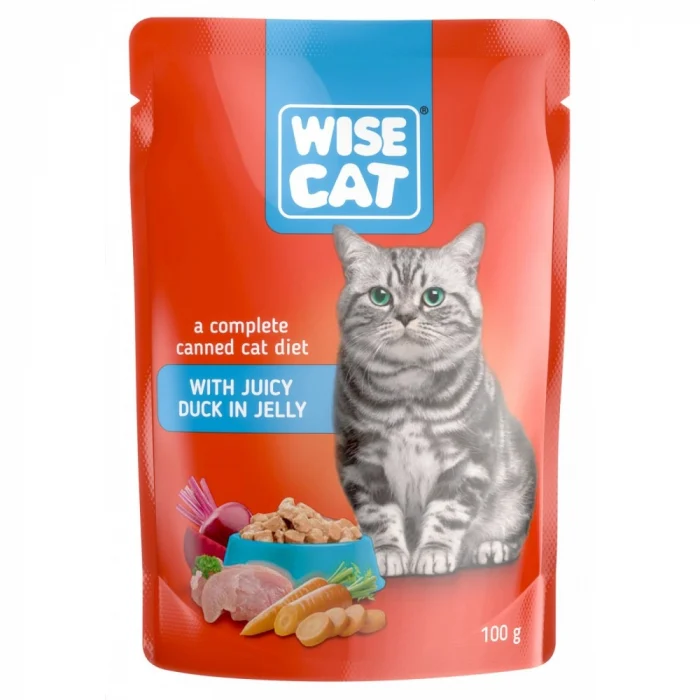 Wise Cat, Plicuri hrana umeda pentru pisici, rata in jeleu, 24x100g bax [1]