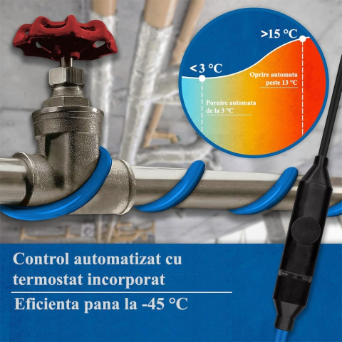 Cablu anti îngheț cu termostat, protectie impotriva inghețului, cablu de încălzire de 15 W/m, IP67, incalzire pentru tevi de apa, economisire de energie, pornire/oprire automata [6]
