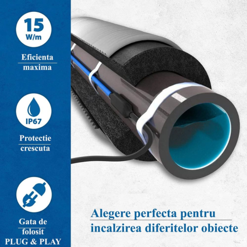 Cablu anti îngheț cu termostat, protectie impotriva inghețului, cablu de încălzire de 15 W/m, IP67, incalzire pentru tevi de apa, economisire de energie, pornire/oprire automata [4]