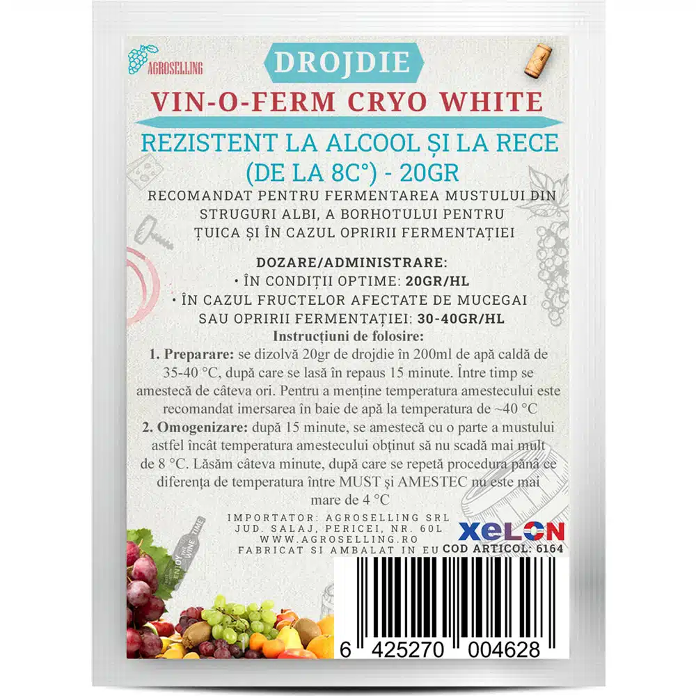 Produse de vinificatie - Drojdie de vin CRYO WHITE, 20g, de la 8°C, rezistent la alcool, pentru struguri albi si fructe