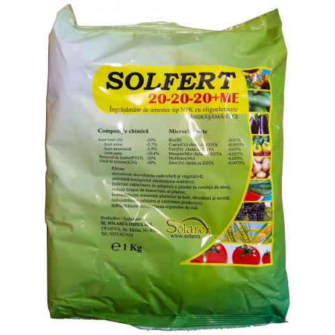 Ingrasaminte foliare si prin picurare - Ingrasamant foliar SOLFERT 20-20-20 + ME - 1 kg, Solarex, NPK