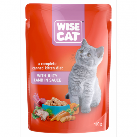 Hrana pisici - Wise Cat, Plicuri hrana umeda pentru pisoi, miel in sos, 24x100g bax